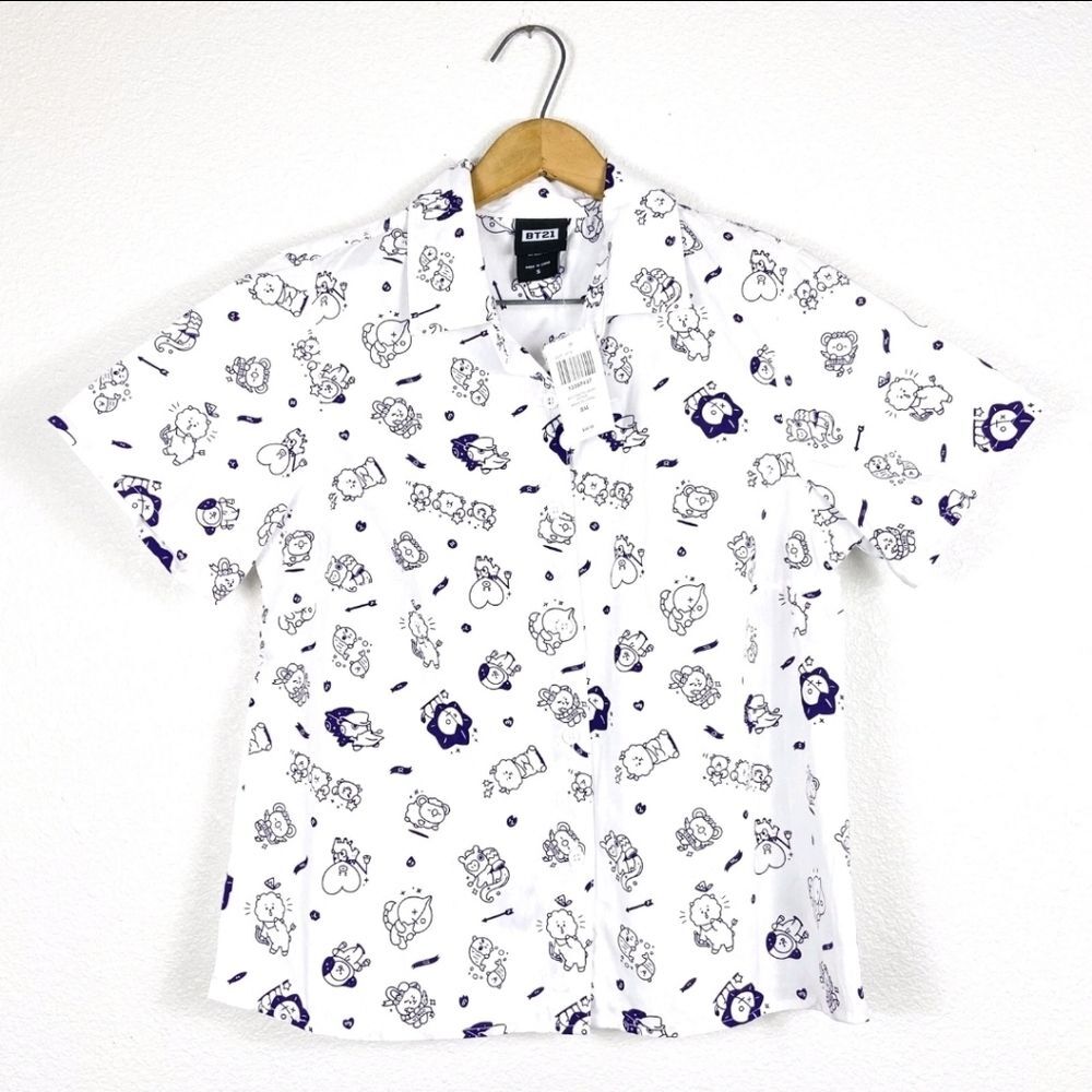Line Friends BT21 Purple Foil Astrology Woven Girls Button Up, Size M